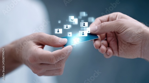 Two hands exchange a digital business card, symbolizing networking and connection in the modern business world through technology and innovation.