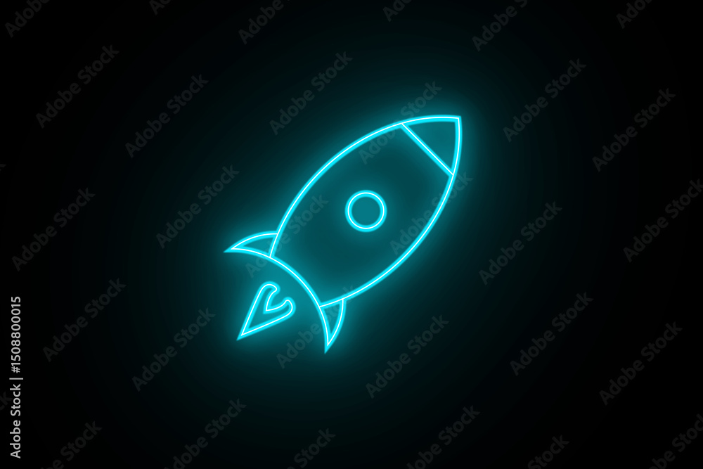 Fototapeta premium Neon colorful rocket icon. Glowing neon spacecraft symbol, spaceship flight sign. Space exploration, startup launch, product promotion, innovation. Cyan Flight mode Icon.
