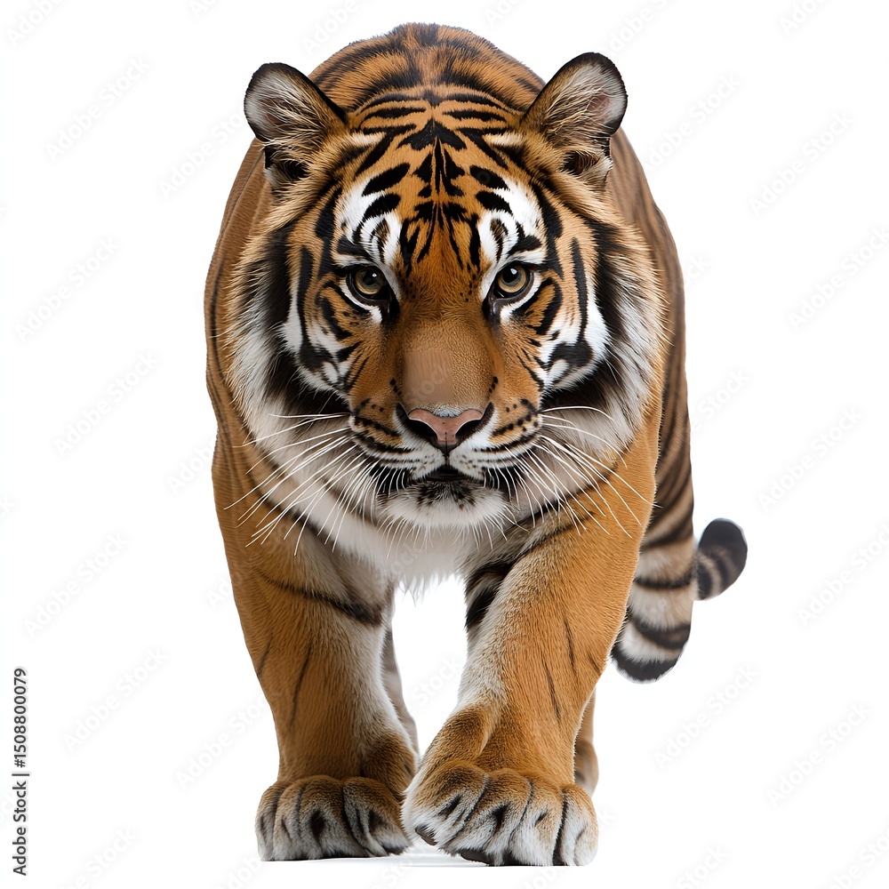 Fototapeta premium Majestic Sumatran Tiger Walking Towards Camera on White Background Wildlife
