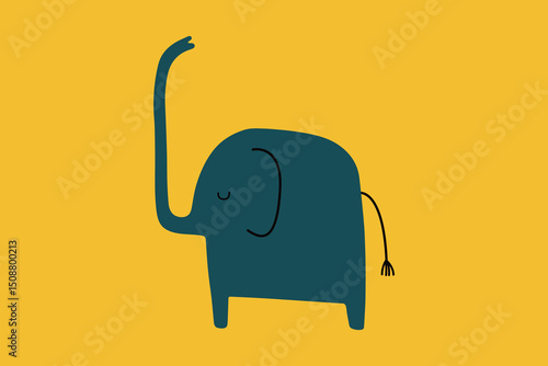 Minimal Navy Blue Elephant Illustration on Yellow Background – Cute Flat Cartoon Style Animal Art, Modern Graphic for Nursery Decor, Playful Wildlife Print, Smiling Elephant with Raised Trunk