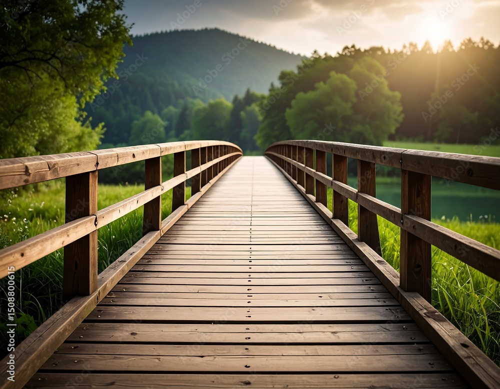 Fototapeta premium Wooden footbridge extending towards sunlit hills and water