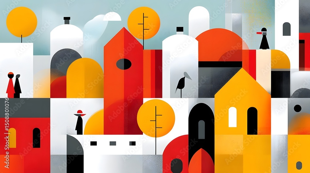 Fototapeta premium Abstract geometric cityscape with stylized characters