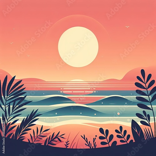 Calm Sunset Beach with Tropical Leaves
