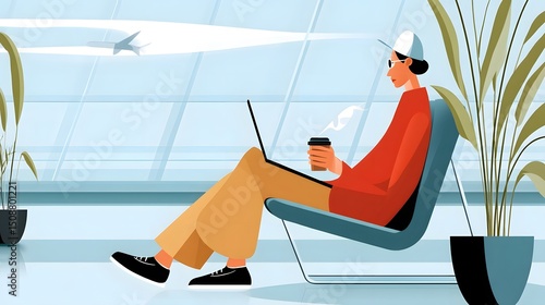 Freelancer working remotely from an airport lounge