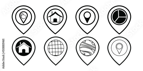 Eight professional location pin icons set, isolated cutouts