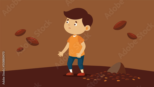 A small child stands on tiptoes mesmerized by the sight of the cocoa beans being ground into a deep rich brown paste.. Vector illustration