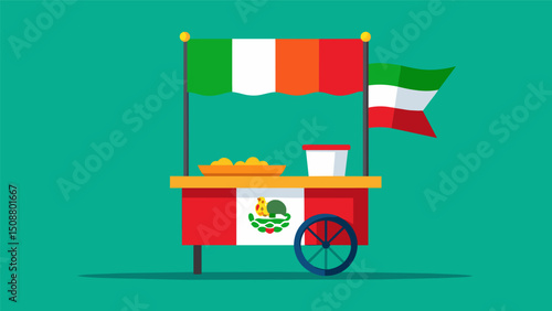 A bright green red and white Mexican flag waving above the elote cart drawing in passersby with its patriotic colors.. Vector illustration