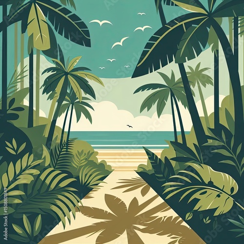 Calm Beach Scene with Lush Palms