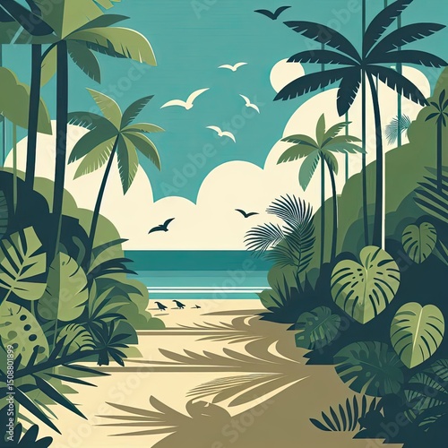 Minimalist Beach Scene with Palm Leaves