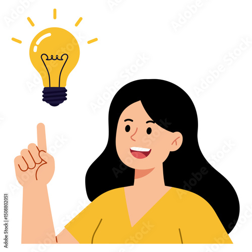 Flat vector illustration of a young woman character pointing upward with one finger while a lightbulb glows above her head, symbolizing a bright idea or inspiration.