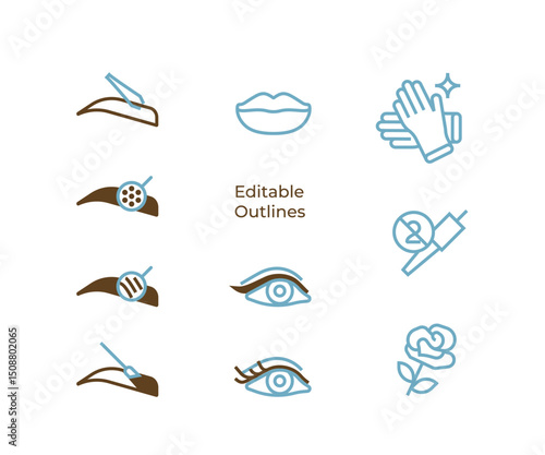 Permanent Makeup trend shapes Icons. Brow shaping, correction, tweezers, tinting, powder, hair stroke technique. Lips, eyeliner, eyelashes lamination. Hygienic sterility, single use instruments.