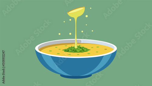 A dollop of chimichurri sauce is drizzled on top adding a burst of flavor to the Sopa Paraguaya.. Vector illustration
