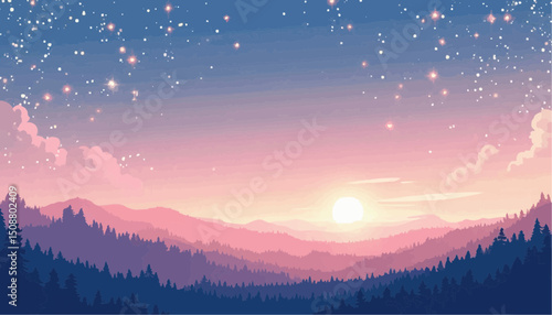 Mountain landscape with rising sun and starry sky