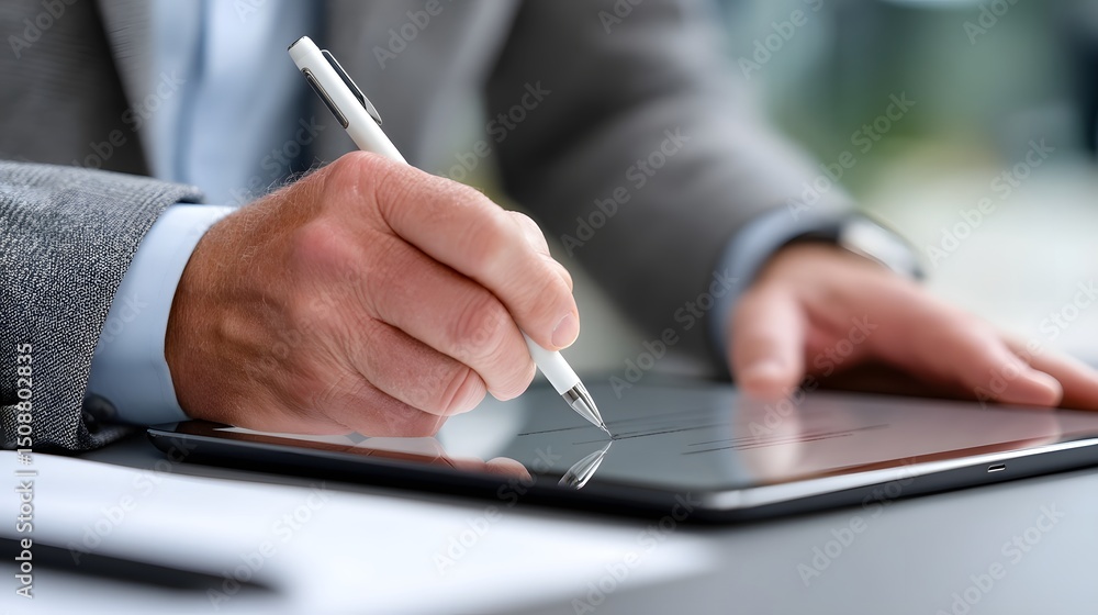Businessman signing document on digital tablet in modern office setting. Businessman signing document on digital tablet in modern office setting.