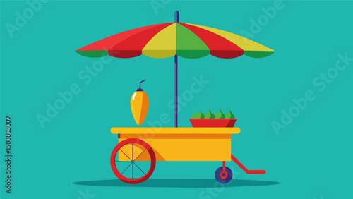 A colorful umbrella shading the elote cart with strings of chili powder and lime wedges hanging from it.. Vector illustration
