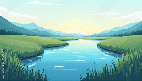 River landscape with mountain, grass and sunrise