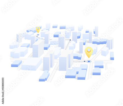 Isometric navigation on city concept. Geolocation yellow pin on street. City map with route. Tourism and travel. Vector illustration isolated on white background