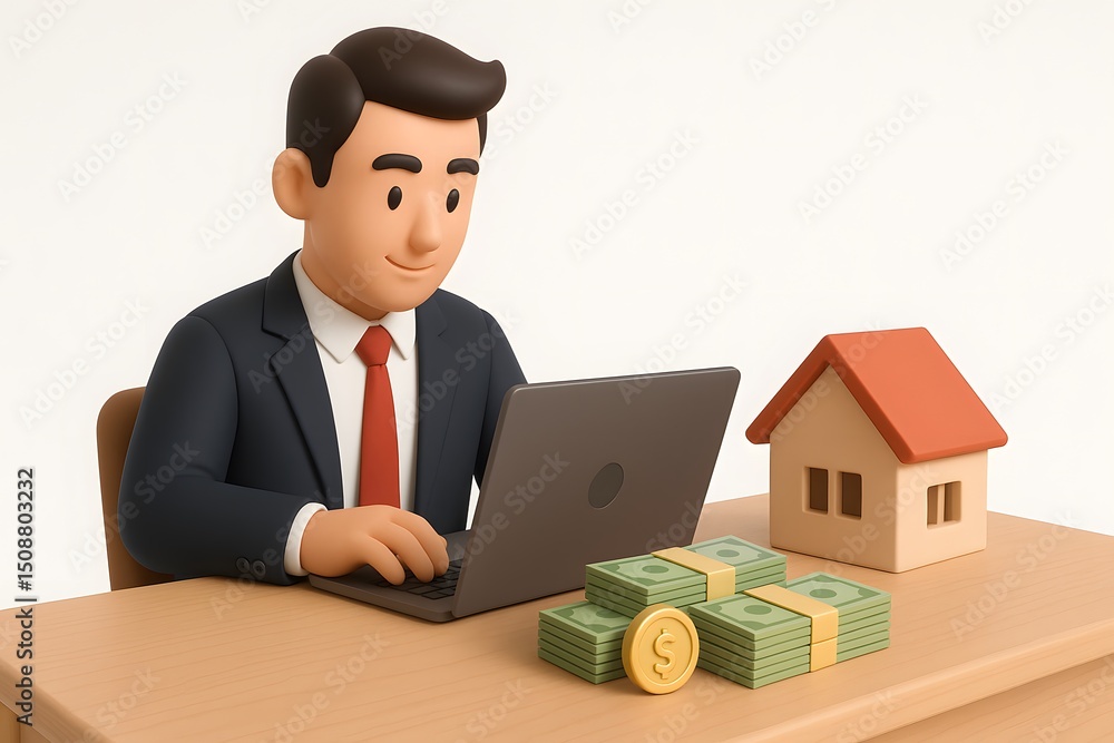 Businessman Working on Laptop with Money and House Model on Desk Businessman Working on Laptop with Money and House Model on Desk