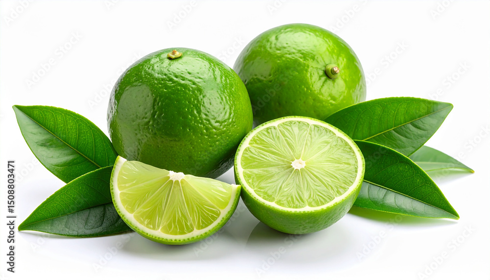 Fresh green limes with leaves on white background. Organic citrus fruit. Natural and tasty. Fresh green limes with leaves on white background. Organic citrus fruit. Natural and tasty.