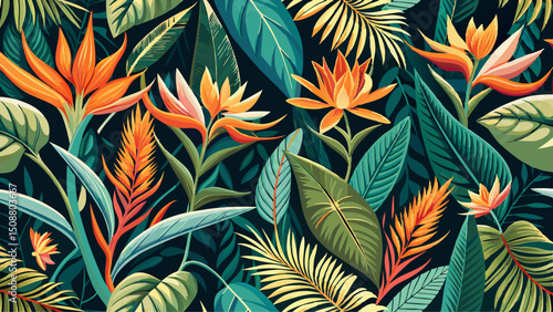 Seamless pattern with tropical beautiful strelitzia flowers and leaves exotic background.