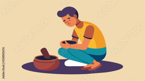 A man sits silently lost in thought as he grinds Oaxacan chocolate on a metate his movements measured and deliberate.. Vector illustration