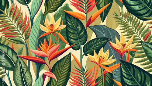 Seamless pattern with tropical beautiful strelitzia flowers and leaves exotic background.