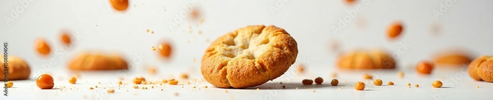 Warm brown cookie falls gently on white surface amidst flying pastry items , treats, dessert, kitchen Warm brown cookie falls gently on white surface amidst flying pastry items , treats, dessert, kitchen