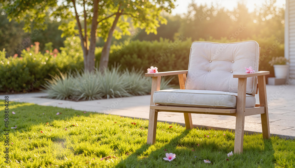 Fototapeta premium Cozy outdoor armchair on green lawn during sunny afternoon