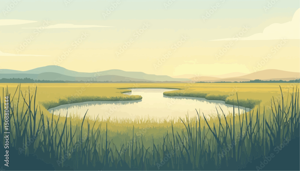 Fototapeta premium Lake view at sunset, meadow vector illustration