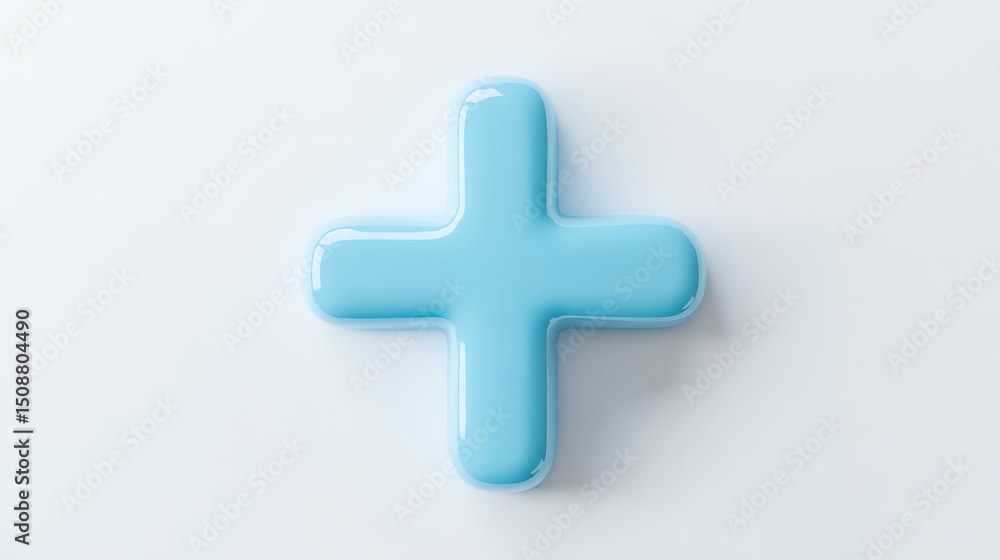 Obraz premium Light Blue Plus Sign with Soft Rounded Edges on a White Surface for Design Projects.