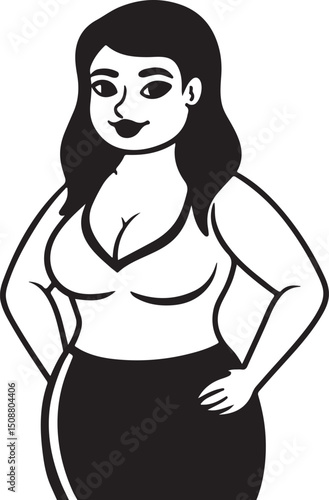 Black and white illustration of a plus size woman with confident posture and fashionable clothing
