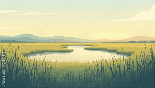 Lake view at sunset, meadow vector illustration