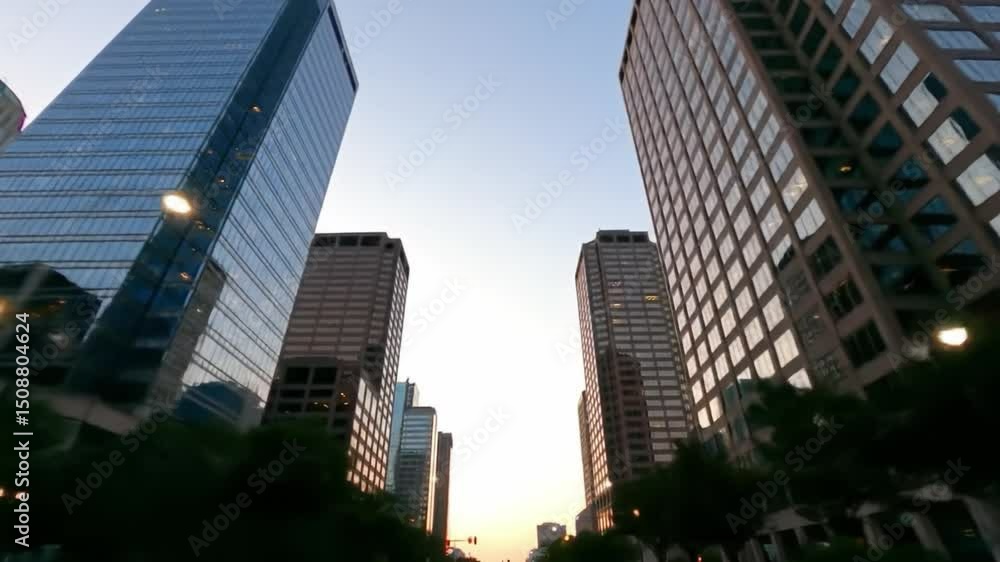 Urban skyline at sunset with towering buildings and vibrant city life Urban skyline at sunset with towering buildings and vibrant city life