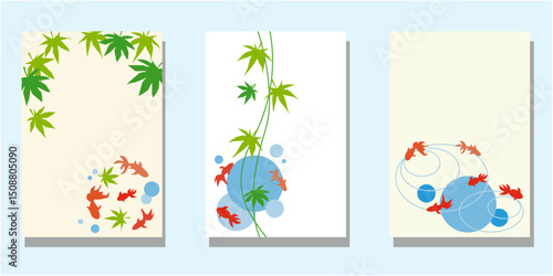 Summer greetings, frame design, waterside and goldfish, seasonal greetings design set. Vector illustraiton