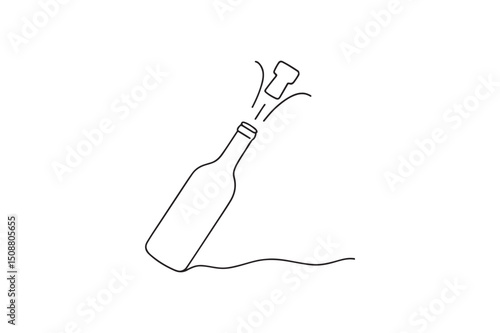 Wine bottle cork flying continuous one line drawing minimalism design