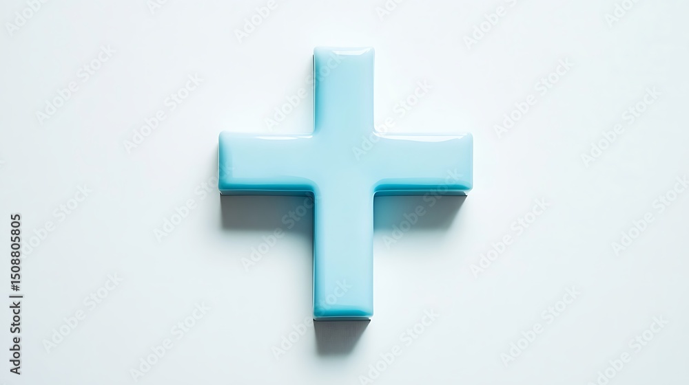Obraz premium Minimalist Light Blue Plus Sign on White Background for Addition, Medical, and Mathematical Concepts.