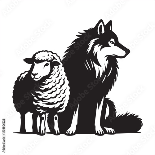 Majestic Wolf and Lamb Line Art Print Black and White Animal Illustration Graphic Design