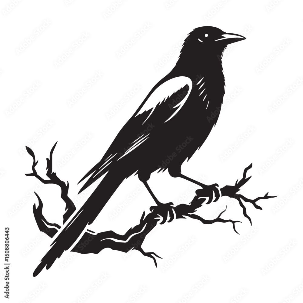 Fototapeta premium Dynamic Magpie silhouette flying high – Magpie illustration – Minimalist Magpie vector – Bird silhouette – Bird vector