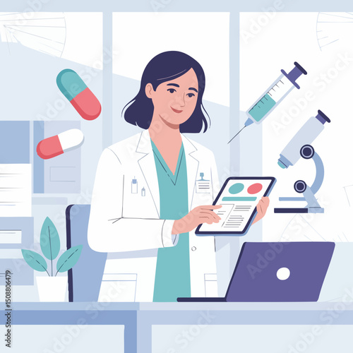 Female Doctor Holding Tablet in Modern Clinic – Flat Vector Healthcare Illustration with Medical Icons and Clean Background