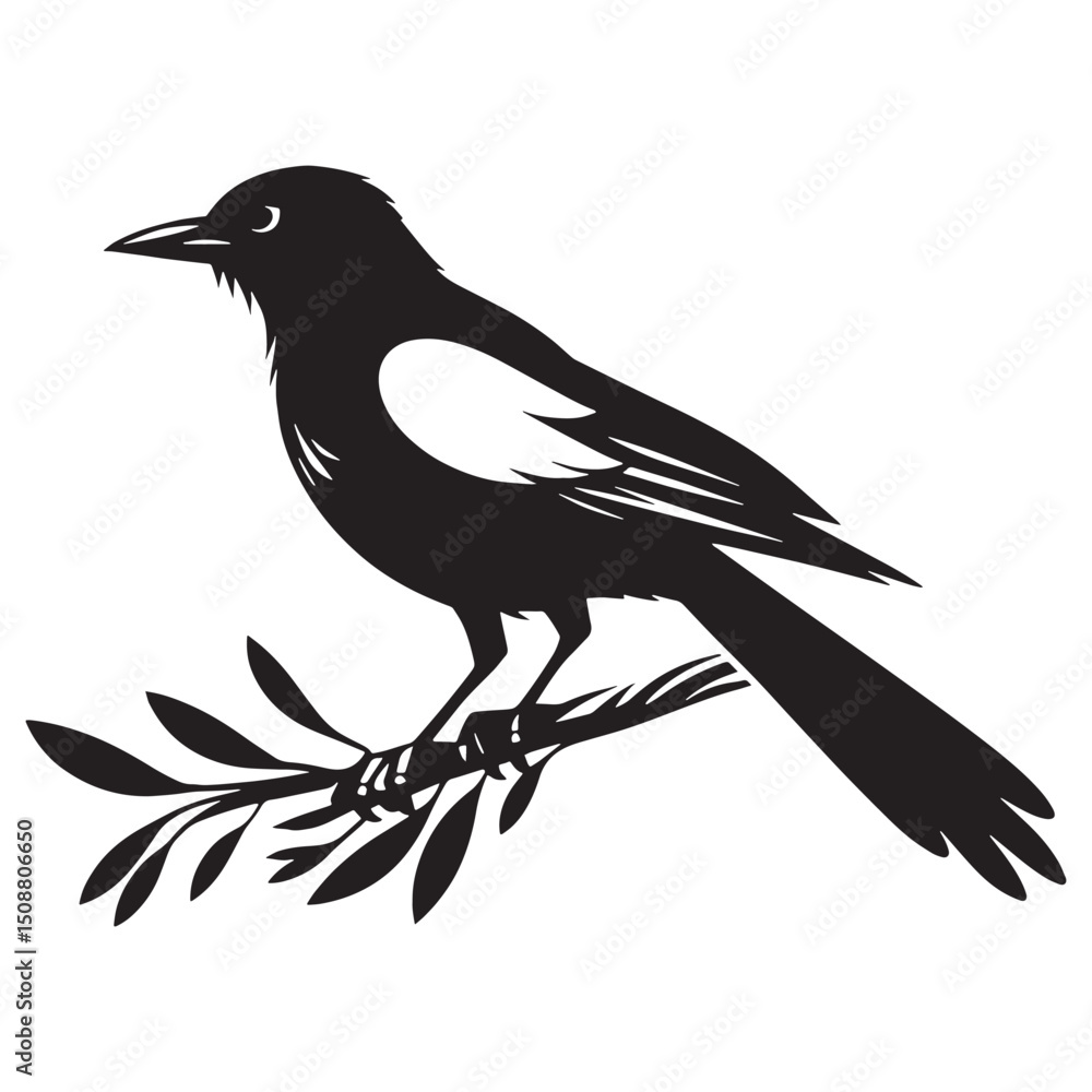 Fototapeta premium Black and White Magpie silhouette – Magpie illustration – Minimalist Magpie vector – Bird silhouette – Bird vector