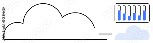 Cloud outline with a smaller cloud icon and data progress bars. Ideal for technology, cloud computing, data storage, analytics, software, digital transformation, simple landing page