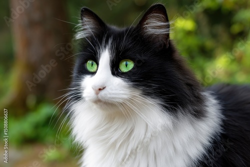 Striking black and white long-haired cat with bright green eyes observes its surroundings in nature.