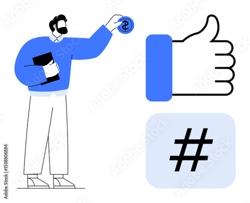 Man holding coin, thumbs-up and metadata tag icons symbolizing engagement, financial success, and marketing. Ideal for social media, business, marketing, finance, investment branding simple landing