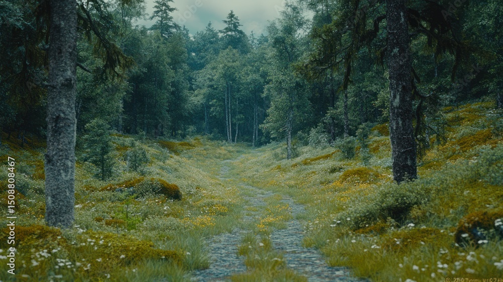 Obraz premium Misty forest path through wildflowers