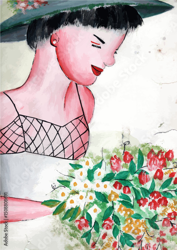 Illustration of a young woman with flowers in an impressionistic style painting artwork design