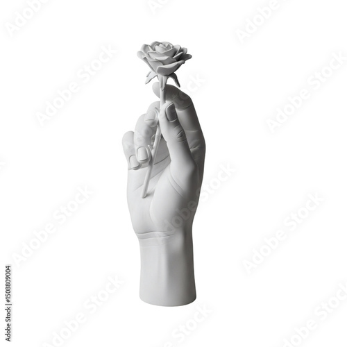 Foto Sculpted marble hand holding a delicate rose, isolated on transparent background