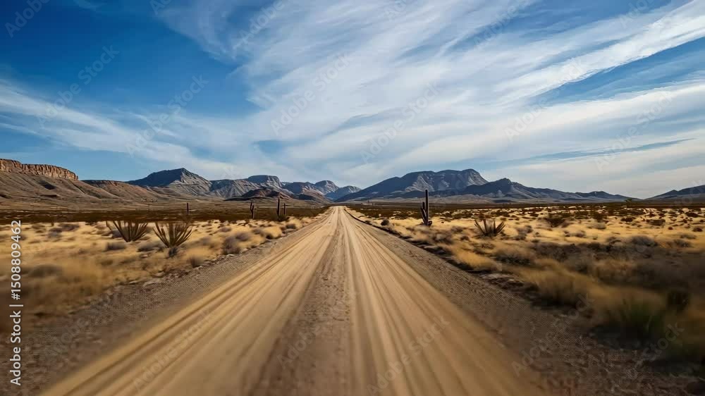 Desert road landscape under bright blue sky, mountains, horizon and dry grassland Desert road landscape under bright blue sky, mountains, horizon and dry grassland