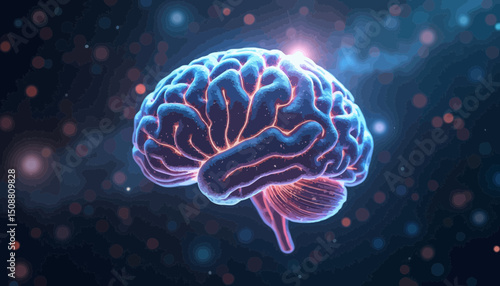3D Model Of A Glowing Human Brain In Dark Space Background
