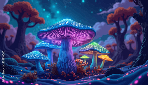 Glowing Fungi In A Fantasy Woodland At Night