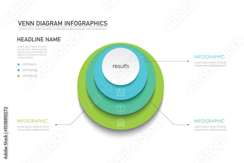 Venn diagram infographic chart template for business 3 parts, options, presentation with venn diagram elements vector illustration.